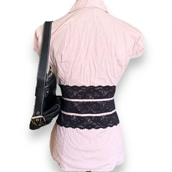 Guess Pink Button Down Blouse Shirt Top with Black Lace Detail - Picture 3 of 5